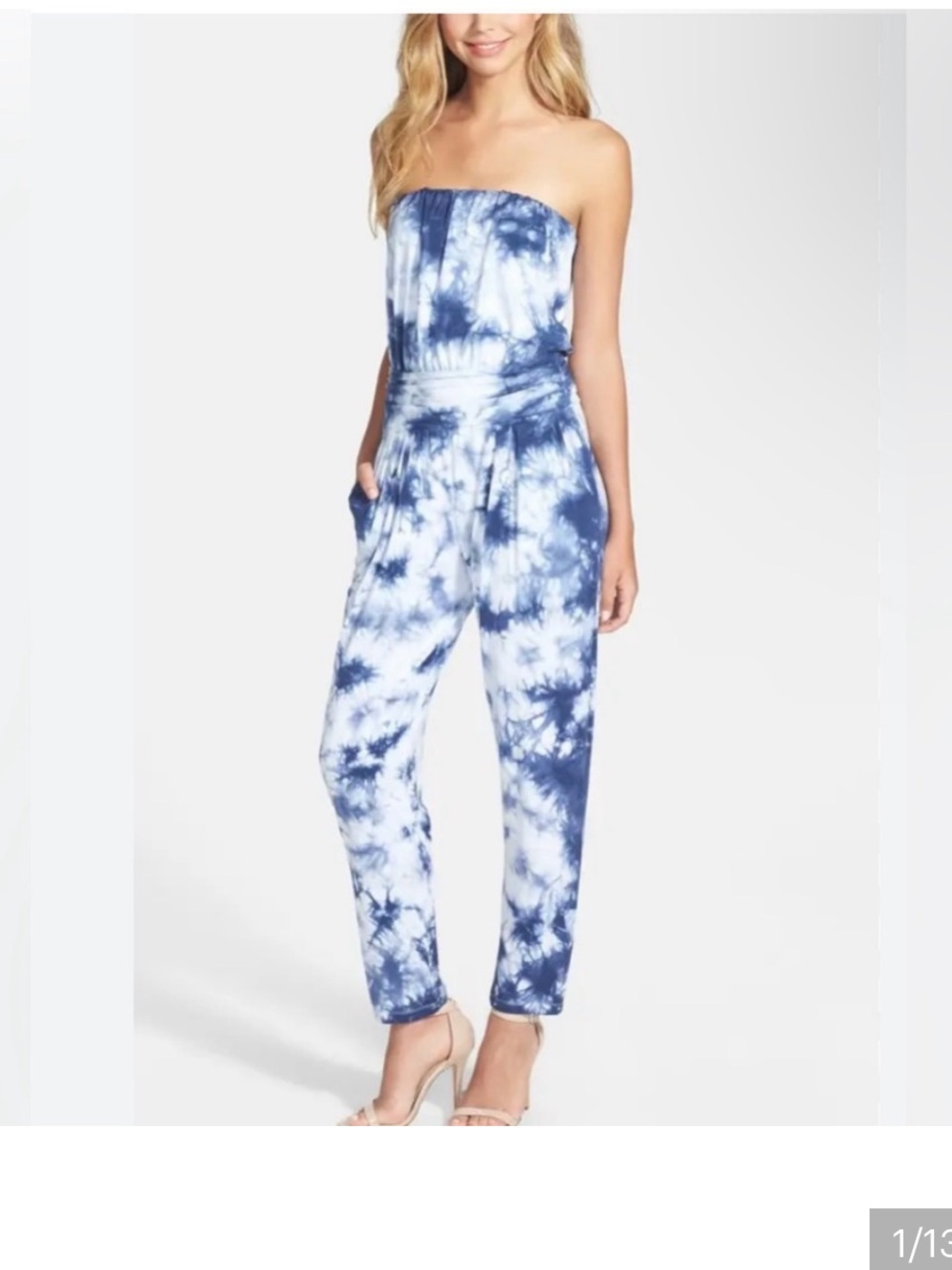Tart Blue White Tie-Dye Strapless Jumpsuit